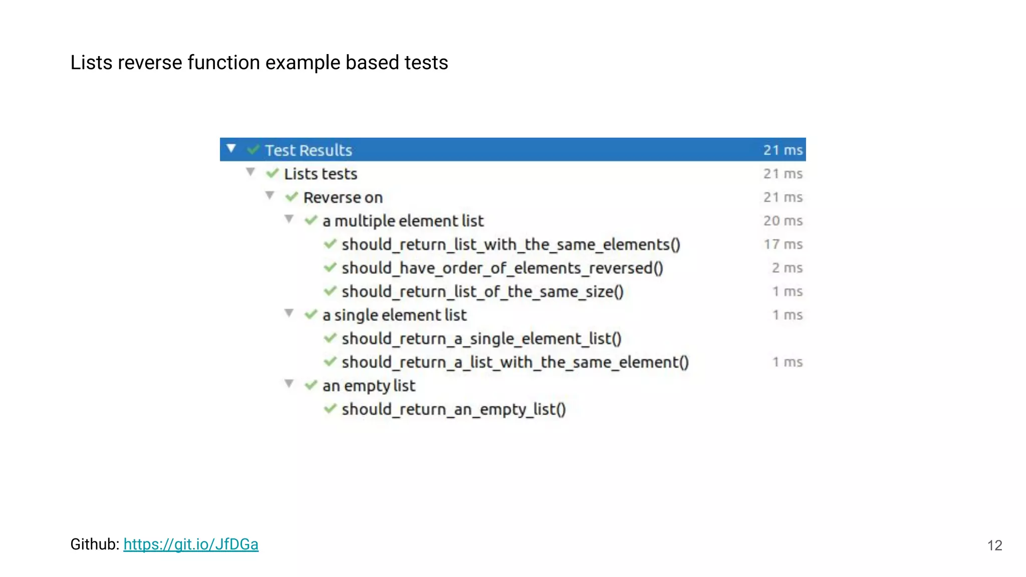 12
Lists reverse function example based tests
Github: https://git.io/JfDGa
 