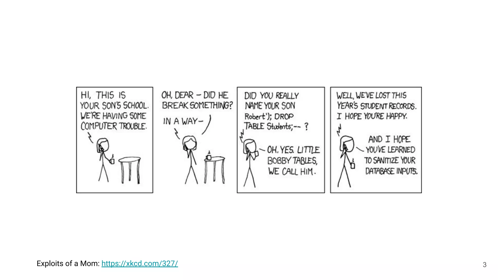 Exploits of a Mom: https://xkcd.com/327/ 3
 