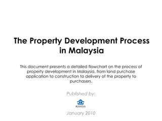 The Property Development Process in Malaysia Published by: January 2010 This document presents a detailed flowchart on the process of property development in Malaysia, from land purchase application to construction to delivery of the property to purchasers. 