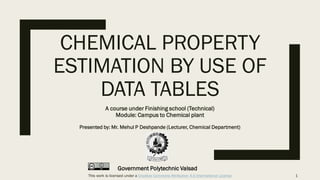 CHEMICAL PROPERTY
ESTIMATION BY USE OF
DATA TABLES
A course under Finishing school (Technical)
Module: Campus to Chemical plant
Presented by: Mr. Mehul P Deshpande (Lecturer, Chemical Department)
Government Polytechnic Valsad
1This work is licensed under a Creative Commons Attribution 4.0 International License
 