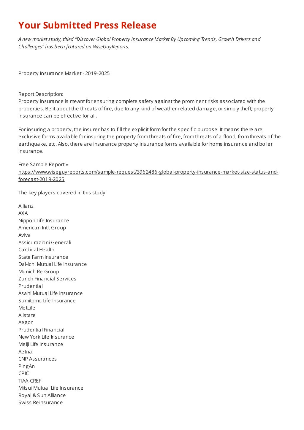 Property Insurance Market Global Market 2019 By Top Key