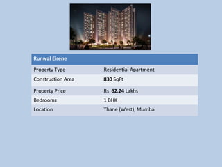 Runwal Eirene
Property Type Residential Apartment
Construction Area 830 SqFt
Property Price Rs 62.24 Lakhs
Bedrooms 1 BHK
Location Thane (West), Mumbai
 
