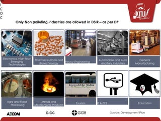 Electronics, High-tech
Emerging
Technologies
Pharmaceuticals and
Biotechnology
Heavy Engineering
Automobile and Auto
Ancillary Industries
General
Manufacturing
Agro and Food
Processing
Metals and
Metallurgical Products
Tourism IT & ITES Education
M
I
C
D
C
GICC
Only Non polluting industries are allowed in DSIR – as per DP
Source: Development Plan
 