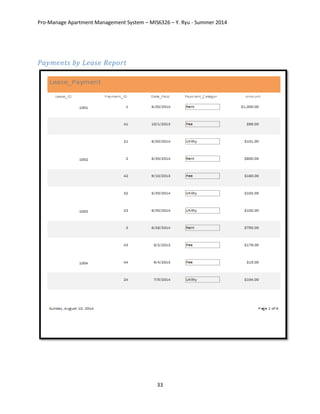 Pro-Manage Apartment Management System – MIS6326 – Y. Ryu - Summer 2014
33
Payments by Lease Report
 
