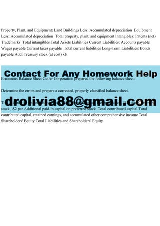 Property, Plant, and Equipment: Land Buildings Less: Accumulated depreciation Equipment
Less: Accumulated depreciation Total property, plant, and equipment Intangibles: Patents (net)
Trademarks Total intangibles Total Assets Liabilities Current Liabilities: Accounts payable
Wages payable Current taxes payable Total current liabilities Long-Term Liabilities: Bonds
payable Add: Treasury stock (at cost) x$
Erroneous Balance Sheet Cutler Corporation prepared the following balance sheet:
Determine the errors and prepare a corrected, properly classified balance sheet.
Total Liabilities Shareholders' Equity Contributed Capital: Preferred stock, $50 par Common
stock, $2 par Additional paid-in capital on preferred stock Total contributed capital Total
contributed capital, retained earnings, and accumulated other comprehensive income Total
Shareholders' Equity Total Liabilities and Shareholders' Equity
 
