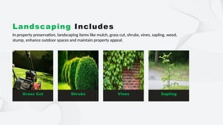 In property preservation, landscaping items like mulch, grass cut, shrubs, vines, sapling, weed,
stump, enhance outdoor spaces and maintain property appeal.
Landscaping Includes
Grass Cut Shrubs Vines Sapling
 