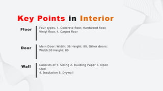 Four types. 1. Concrete floor, Hardwood floor,
Viniyl floor, 4. Carpet floor
Key Points in Interior
Floor
Main Door: Width: 36 Height: 80, Other doors:
Width:30 Height: 80
Door
Consists of 1. Siding 2. Building Paper 3. Open
stud
4. Insulation 5. Drywall
Wall
 