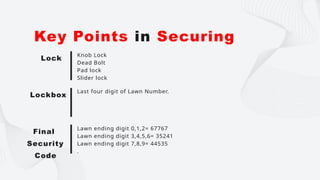 Knob Lock
Dead Bolt
Pad lock
Slider lock
Key Points in Securing
Lock
Last four digit of Lawn Number.
Lockbox
Lawn ending digit 0,1,2= 67767
Lawn ending digit 3,4,5,6= 35241
Lawn ending digit 7,8,9= 44535
.
Final
Security
Code
 