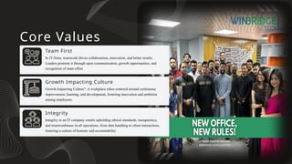 In IT firms, teamwork drives collaboration, innovation, and better results.
Leaders promote it through open communication, growth opportunities, and
recognition of team effort
Team First
Core Values
Growth Impacting Culture": A workplace ethos centered around continuous
improvement, learning, and development, fostering innovation and ambition
among employees.
Growth Impacting Culture
Integrity in an IT company entails upholding ethical standards, transparency,
and trustworthiness in all operations, from data handling to client interactions,
fostering a culture of honesty and accountability
Integrity
 