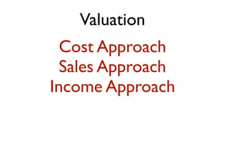 Valuation
Cost Approach
Sales Approach
Income Approach
 