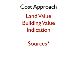 Cost Approach
LandValue
BuildingValue
Indication
Sources?
 