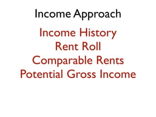 Income Approach
Income History
Rent Roll
Comparable Rents
Potential Gross Income
 