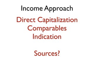 Income Approach
Direct Capitalization
Comparables
Indication
Sources?
 