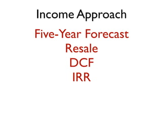 Income Approach
Five-Year Forecast
Resale
DCF
IRR
 