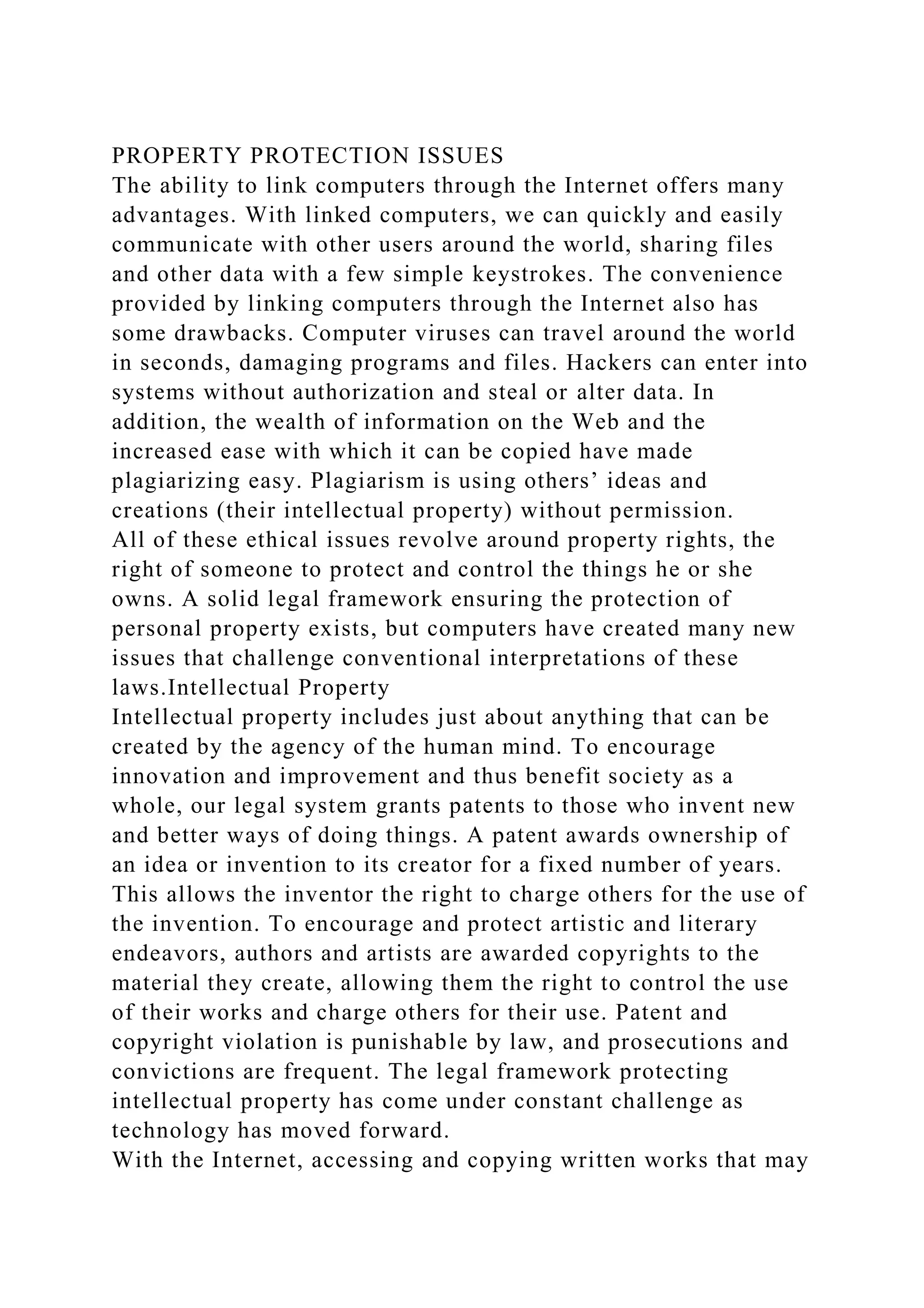 PROPERTY PROTECTION ISSUESThe ability to link computers through th.docx