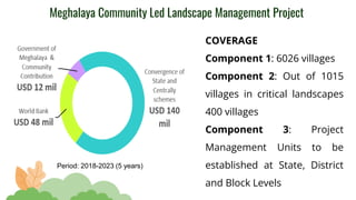 Meghalaya Community Led Landscape Management Project
COVERAGE
Component 1: 6026 villages
Component 2: Out of 1015
villages in critical landscapes
400 villages
Component 3: Project
Management Units to be
established at State, District
and Block Levels
Period: 2018-2023 (5 years)
 