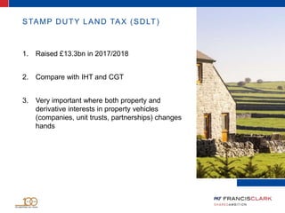 STAMP DUTY LAND TAX (SDLT)
1. Raised £13.3bn in 2017/2018
2. Compare with IHT and CGT
3. Very important where both property and
derivative interests in property vehicles
(companies, unit trusts, partnerships) changes
hands
 