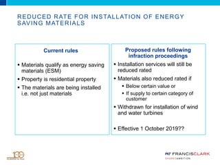 Current rules
 Materials qualify as energy saving
materials (ESM)
 Property is residential property
 The materials are being installed
i.e. not just materials
Proposed rules following
infraction proceedings
 Installation services will still be
reduced rated
 Materials also reduced rated if
 Below certain value or
 If supply to certain category of
customer
 Withdrawn for installation of wind
and water turbines
 Effective 1 October 2019??
REDUCED RATE FOR INSTALLATION OF ENERGY
SAVING MATERIALS
 