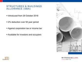 STRUCTURES & BUILDINGS
ALLOWANCE (SBA)
 Introduced from 29 October 2018
 2% deduction over 50 year period
 Against corporation tax or income tax
 Available for investors and occupiers
 
