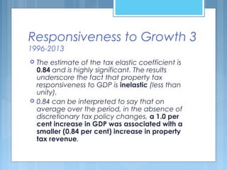 Responsiveness to Growth 3
1996-2013
 The estimate of the tax elastic coefficient is
0.84 and is highly significant. The results
underscore the fact that property tax
responsiveness to GDP is inelastic (less than
unity).
 0.84 can be interpreted to say that on
average over the period, in the absence of
discretionary tax policy changes, a 1.0 per
cent increase in GDP was associated with a
smaller (0.84 per cent) increase in property
tax revenue.
 
