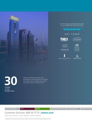 After three decades of experience, local
knowledge and achieving results for the region’s
top property owners, developers and investors,
our success is now yours to benefit from.
As a Franchisee, you’ll get exclusive access
to our enviable Sales & Leasing Listings:
EXCLUSIVE OR JOINT AGENT
&MANY MORE
 