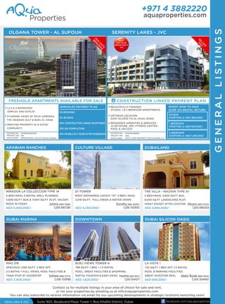 +971 4 3882220
aquaproperties.com
RERA ORN # 303 Suite 1601, Boulevard Plaza Tower 1, Burj Khalifa District, Dubai facebook.com/aquaproperties
ARABIAN RANCHES
MIRADOR LA COLLECCION TYPE 14
4 BED+MAID, 5 BATHS, WELL PLANNED,
3,809 SQ.FT. BUA & 7,400 SQ.FT. PLOT, VACANT,
MOVE IN TODAY
AED 5,400,000/-
Johnny (BRN 31388)
056 6967268
CULTURE VILLAGE
D1 TOWER
MOST DEMANDED LAYOUT "01" 3 BED+ MAID,
2,018 SQ.FT. FULL CREEK & WATER VIEWS
AED 5,250,000/-
Dorothy (BRN 29200)
056 1053655
DUBAILAND
THE VILLA - MAZAYA TYPE A1
5 BED+MAID, 3,600 SQ.FT. BUA,
6,000 SQ.FT. LANDSCAPED PLOT,
HIGHLY SOUGHT AFTER LOCATION
AED 3,850,000/-
Khusro (BRN 27523)
055 8992429
DUBAI MARINA
MAG 218
SPACIOUS 1,558 SQ.FT. 2 BED APT,
2.5 BATHS + FULL VIEWS, POOL FACILITIES &
TRAM STOP AT DOORSTEP
AED 2,400,000/-
Soﬁene (BRN 31373)
056 7559188
DOWNTOWN
BURJ VIEWS TOWER A
789 SQ.FT. 1 BED + 1.5 BATHS,
POOL, GREAT FACILITIES & SHOPPING,
PARTIAL FOUNTAIN & B.BAY VIEWS
AED 1,625,000/-
Yasmine(BRN 28107)
050 3544377
DUBAI SILICON OASIS
LA VISTA 1
725 SQ.FT. 1 BED APT, 1.5 BATHS,
POOL & PARKING FACILITIES
GREAT INVESTOR DEAL
AED 695,000/-
Abdul Razak (BRN 28441)
050 3048467
Contact us for multiple listings in your area of choice for sale and rent,
or list your properties by emailing us at info@aquaproperties.com
You can also subscribe to receive information via email for our upcoming developments in strategic locations launching soon!
1,2,3 & 4 BEDROOMS
SIMPLEX AND DUPLEX
PRESTIGE PROPERTY IN A GATED
COMMUNITY
FREEHOLD APARTMENTS AVAILABLE FOR SALE
FEW
UNITS
REM
AINING
OLGANA TOWER - AL SUFOUH
UNRIVALED PAYMENT PLAN
5% BOOKING
5% 30 DAYS
40% CONSTRUCTION LINKED MILESTONES
10% ON COMPLETION
40% PAYABLE IN 2 YEARS AFTER POSSESSION
STUNNING VIEWS OF PALM JUMEIRAH,
THE ARABIAN GULF & BURJ AL ARAB
ESCROW NO. : 001582348323101
PROJECT NO : 138
DEVELOPER : ABYAAR REAL ESTATE DEVELOPMENT
BEST
OFF PLAN
OPPORTUNITY
JVC
BEAUTIFULLY FINISHED
STUDIO, 1 & 2 BEDROOM APARTMENTS
OPTIMUM LOCATION
EASY ACCESS TO AL KHAIL ROAD
RESIDENCE AMENITIES & SERVICES
CLUB HOUSE, SPA, FITNESS CENTER,
POOL & JACUZZI
CONSTRUCTION LINKED PAYMENT PLAN
SELLING
FAST
INVEST NOW TO GAIN
OVER 12% RENTAL RETURN
STUDIO
STARTING @ AED 362,000/-
1 BEDROOM
STARTING @ AED 691,000/-
2 BEDROOM
STARTING @ AED 1,418,000/-
SERENITY LAKES - JVC
ESCROW NO. : 0016204988951
PROJECT NO : 1555
DEVELOPER : GULF LAND PROPERTY DEVELOPERS LLC
GENERALLISTINGS
 