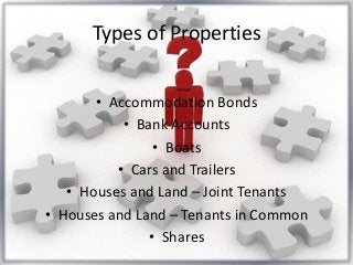 Types of Properties
• Accommodation Bonds
• Bank Accounts
• Boats
• Cars and Trailers
• Houses and Land – Joint Tenants
• Houses and Land – Tenants in Common
• Shares
 