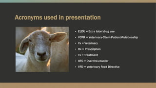 Acronyms used in presentation
▪ ELDU = Extra label drug use
▪ VCPR = Veterinary-Client-Patient-Relationship
▪ Vx = Veterin...