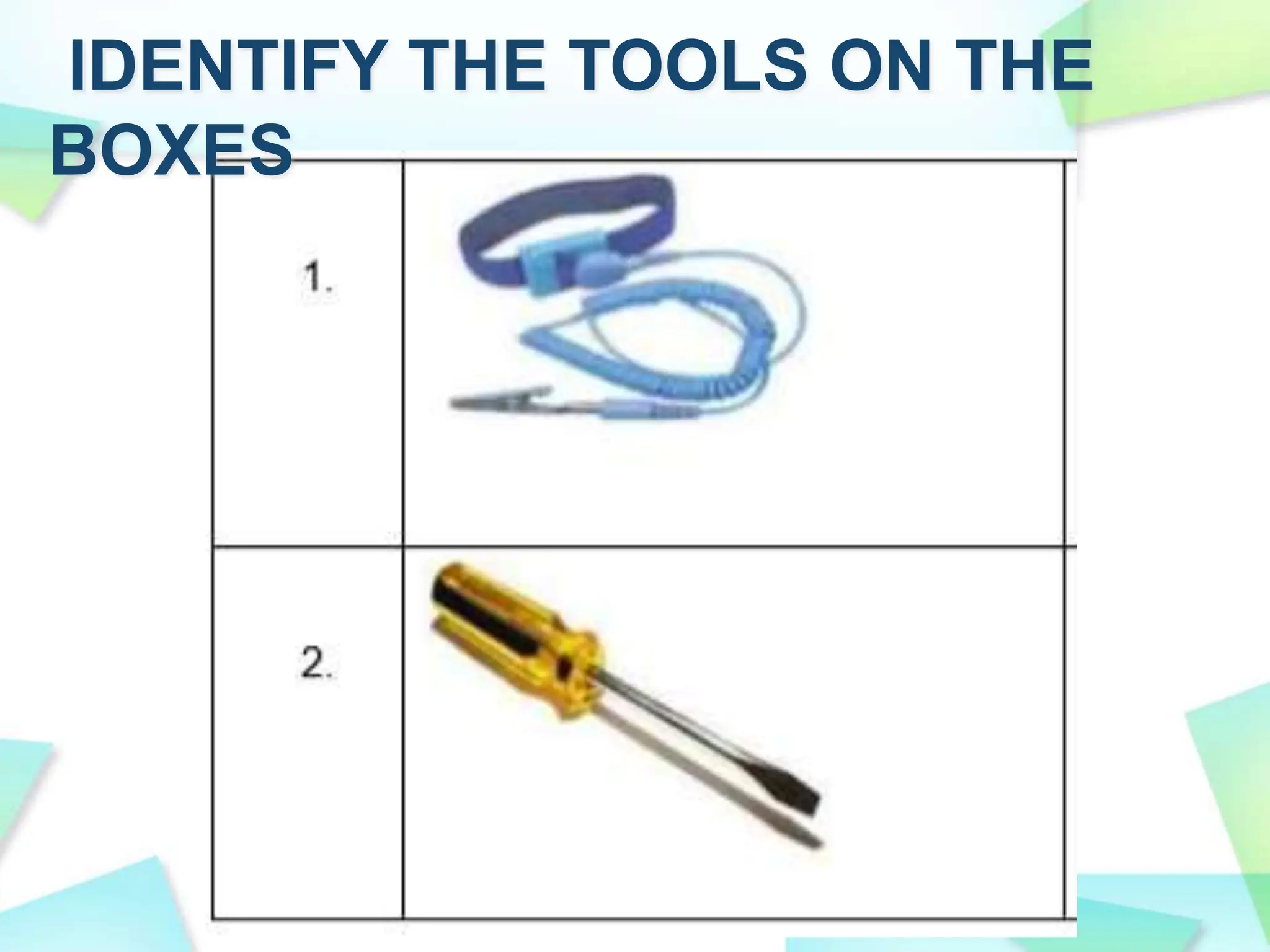 IDENTIFY THE TOOLS ON THE
BOXES
 