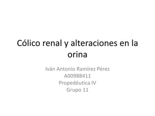 Cólico renal y alteraciones en la
orina
Iván Antonio Ramírez Pérez
A00988411
Propedéutica IV
Grupo 11
 