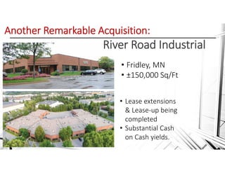 Another Remarkable Acquisition: 
River Road Industrial
• Fridley, MN
• ±150,000 Sq/Ft
• Lease extensions 
& Lease‐up being 
completed
• Substantial Cash 
on Cash yields.
 