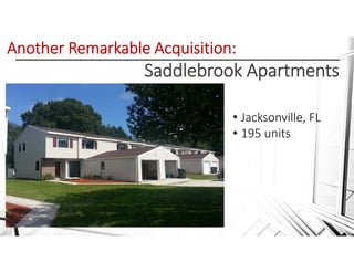 Saddlebrook Apartments
• Jacksonville, FL
• 195 units
Another Remarkable Acquisition: 
 