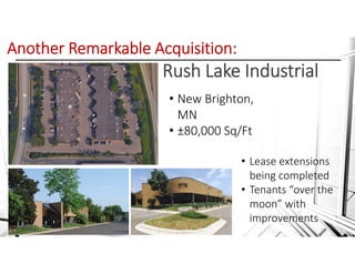 Another Remarkable Acquisition: 
Rush Lake Industrial
• New Brighton, 
MN
• ±80,000 Sq/Ft
• Lease extensions 
being completed
• Tenants “over the 
moon” with 
improvements
 