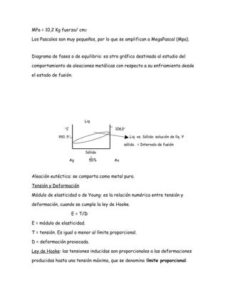 MPa = 10,2 Kg fuerza/ cm2

Los Pascales son muy pequeños, por lo que se amplifican a MegaPascal (Mpa).


Diagrama de fases o de equilibrio: es otro gráfico destinado al estudio del

comportamiento de aleaciones metálicas con respecto a su enfriamiento desde

el estado de fusión.




                            Liq.

                °C                        1063°

             950, 5°                              Liq. vs. Sólido: solución de líq. Y

                                              sólido. = Intervalo de fusión

                             Sólido

                     Ag          50%     Au



Aleación eutéctica: se comporta como metal puro.

Tensión y Deformación

Módulo de elasticidad o de Young: es la relación numérica entre tensión y

deformación, cuando se cumple la ley de Hooke.

                       E = T/D

E = módulo de elasticidad.

T = tensión. Es igual o menor al límite proporcional.

D = deformación provocada.

Ley de Hooke: las tensiones inducidas son proporcionales a las deformaciones

producidas hasta una tensión máxima, que se denomina límite proporcional.
 