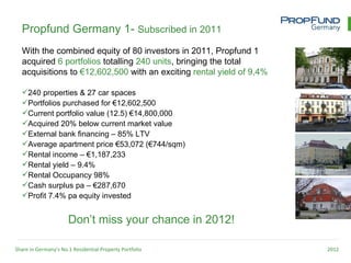 Propfund Germany 1- Subscribed in 2011
  With the combined equity of 80 investors in 2011, Propfund 1
  acquired 6 portfolios totalling 240 units, bringing the total
  acquisitions to €12,602,500 with an exciting rental yield of 9,4%

  240 properties & 27 car spaces
  Portfolios purchased for €12,602,500
  Current portfolio value (12.5) €14,800,000
  Acquired 20% below current market value
  External bank financing – 85% LTV
  Average apartment price €53,072 (€744/sqm)
  Rental income – €1,187,233
  Rental yield – 9.4%
  Rental Occupancy 98%
  Cash surplus pa – €287,670
  Profit 7.4% pa equity invested


                      Don’t miss your chance in 2012!

Share in Germany’s No.1 Residential Property Portfolio                2012
 