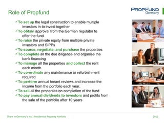 Role of Propfund
       To set up the legal construction to enable multiple
          investors in to invest together
       To obtain approval from the German regulator to
          offer the fund
       To raise the private equity from multiple private
          investors and SIPPs
       To source, negotiate, and purchase the properties
       To complete all the due diligence and organise the
          bank financing
       To manage all the properties and collect the rent
          each month
       To co-ordinate any maintenance or refurbishment
          required
       To perform annual tenant reviews and increase the
          income from the portfolio each year.
       To sell all the properties on completion of the fund
       To pay annual dividends to investors and profits from
          the sale of the portfolio after 10 years



Share in Germany’s No.1 Residential Property Portfolio          2012
 