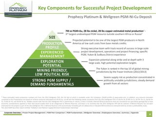 Key Components for Successful Project Development
Prophecy Platinum & Wellgreen PGM-Ni-Cu Deposit

7M oz PGM+Au, 2B lbs nickel, 2B lbs copper estimated metal production1 3rd largest undeveloped PGM resource outside southern Africa or Russia2
Projected potential to be one of the largest PGM producers in North
America at low cash costs from base metals credits
Strong executive team with track record of success in large scale
project development, operations and project financing; specific
PGM, Yukon & Sudbury District experience
Expansion potential along strike and at depth with 3
large scale, high potential exploration targets
The Yukon is ranked in the top 10 of global mining
jurisdictions by the Fraser Institute (2012/2013)
Severe supply risk as production concentrated in
politically unstable jurisdictions; steady demand
growth from all sectors

1

These estimated metal production numbers are from the 2012 Wellgreen PEA, the full text of which is available under the Company’s SEDAR profile at www.sedar.com. In addition, any resource estimates
contained in this Presentation are based on mineral resources estimated at 0.2% Ni Eq. cut-off and the following metals recoveries from the 2012 Wellgreen PEA: 67.6% for Ni, 87.8% for Cu, 64.4% for Co, 46.0% for
Pt, 72.9% for Pd, and 58.9% for Au. Readers should note that the 2012 Wellgreen PEA is preliminary in nature, in that it includes Inferred Mineral Resources that are considered too speculative geologically to have
economic considerations applied to them that would enable them to be categorized as Mineral Reserves, and there is no certainty that the 2012 Wellgreen PEA will be realized. A Mineral Reserve has not been
estimated for the project as part of the 2012 Wellgreen PEA. A Mineral Reserve is the economically mineable part of a Measured or Indicated Mineral Resource demonstrated by at least a prefeasibility study.
2Oct 2012 GMP Securities report entitled “Palladium and Platinum Supply-Demand Fundamentals Improving”.

Corporate Overview | Proven Project Management | PGM Peer Comparison | PGM Fundamentals | Wellgreen Overview | Shakespeare Overview | Summary | Appendix

4

 