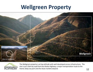 Wellgreen Property




                                                                                                    Wellgreen
15km to Wellgreen


                    The Wellgreen property is at low altitude with well‐developed access infrastructure.  The 
                    site is just 15km by road from the Alaska Highway, a major transportation route to the 
                    Haines deep sea port and the Asian markets beyond.                                       12
                                                                                                             12
 