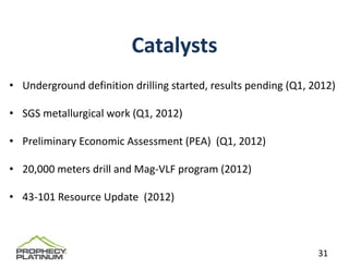 Catalysts
• Underground definition drilling started, results pending (Q1, 2012)

• SGS metallurgical work (Q1, 2012)

• Preliminary Economic Assessment (PEA)  (Q1, 2012)

• 20,000 meters drill and Mag‐VLF program (2012)

• 43‐101 Resource Update  (2012)



                                                                 31
 
