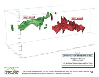 Additional
                                             Disseminated
                                             Mineralization




* The 3D model was based on the July 2008 Technical Report by Watts, Griffis, and McOuat Limited Consulting 
Geologists and Engineers for Coronation Minerals Inc.’s Wellgreen project page 75.                             59
 