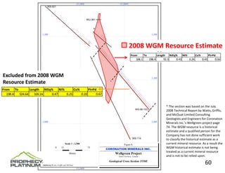 v


                             2008 WGM Resource Estimate


Excluded from 2008 WGM
Resource Estimate



                                       * The section was based on the July 
                                       2008 Technical Report by Watts, Griffis, 
                                       and McOuat Limited Consulting 
                                       Geologists and Engineers for Coronation 
                                       Minerals Inc.’s Wellgreen project page 
                                       74. The WGM resource is a historical 
                                       estimate and a qualified person for the 
                                       Company has not done sufficient work 
                                       to classify the historical estimate as a 
                                       current mineral resource. As a result the 
                                       WGM historical estimate is not being 
                                       treated as a current mineral resource 
                                       and is not to be relied upon. 

                                                                   60
 