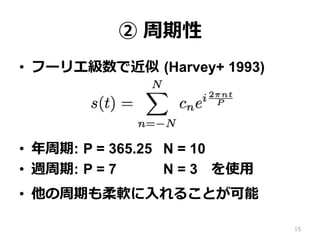 ② 周期性
•  フーリエ級数で近似 (Harvey+ 1993)
•  年周期: P = 365.25 N = 10
•  週周期: P = 7 N = 3 を使⽤
•  他の周期も柔軟に⼊れることが可能
15
 