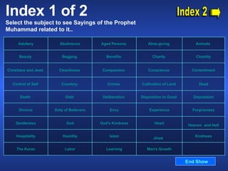 Index 1 of 2 Select the subject to see Sayings of the Prophet Muhammad related to it..  Index 2 End Show  Man's Growth Learning Labor The  Kuran Kindness Jihad   Islam Humility Hospitality Heaven   and Hell Heart God's Kindness God Gentleness Forgiveness Experience Envy Duty of Believers Divorce Disputation Disposition to Good   Deliberation   Debt   Death   Dead Cultivation of Land   Crimes   Courtesy  Control of Self   Contentment Conscience   Compassion   Cleanliness   Christians and Jews   Chastity Charity   Benefits   Begging   Beauty   Animals   Alms - giving  Aged Persons  Abstinence Adultery 