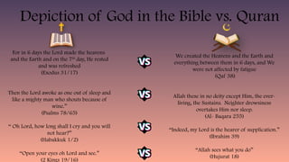 Depiction of God in the Bible vs. Quran
For in 6 days the Lord made the heavens
and the Earth and on the 7th
day, He rested
and was refreshed
(Exodus 31/17)
Then the Lord awoke as one out of sleep and
like a mighty man who shouts because of
wine.”
(Psalms 78/65)
“ Oh Lord, how long shall I cry and you will
not hear?”
(Habakkuk 1/2)
“Open your eyes oh Lord and see.”
(2 Kings 19/16)
We created the Heavens and the Earth and
everything between them in 6 days, and We
were not affected by fatigue
(Qaf 38)
Allah these in no deity except Him, the ever-
living, the Sustains. Neighter drowsiness
overtakes Him nor sleep.
(Al- Baqara 255)
“Indeed, my Lord is the hearer of supplication.”
(Ibrahim 39)
“Allah sees what you do”
(Hujurat 18)
 