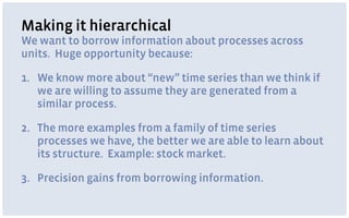 Making it hierarchical
We want to borrow information about processes across
units. Huge opportunity because:
1. We know more about “new” time series than we think if
we are willing to assume they are generated from a
similar process.
2. The more examples from a family of time series
processes we have, the better we are able to learn about
its structure. Example: stock market.
3. Precision gains from borrowing information.
 