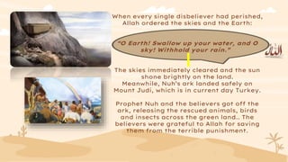 When every single disbeliever had perished,
Allah ordered the skies and the Earth:
“O Earth! Swallow up your water, and O
sky! Withhold your rain.”
The skies immediately cleared and the sun
shone brightly on the land.
Meanwhile, Nuh’s ark landed safely on
Mount Judi, which is in current day Turkey.
Prophet Nuh and the believers got off the
ark, releasing the rescued animals, birds
and insects across the green land.. The
believers were grateful to Allah for saving
them from the terrible punishment.
 