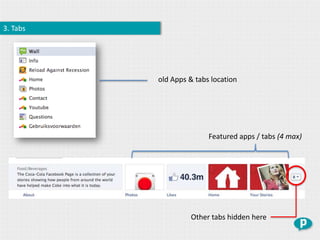3. Tabs




          old Apps & tabs location




                         Featured apps / tabs (4 max)




                   Other tabs hidden here
 
