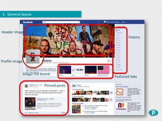 1. General layout.



Header image
                                                   history




Profile image


                About the brand
                                           Featured tabs

                            Pinned posts
 