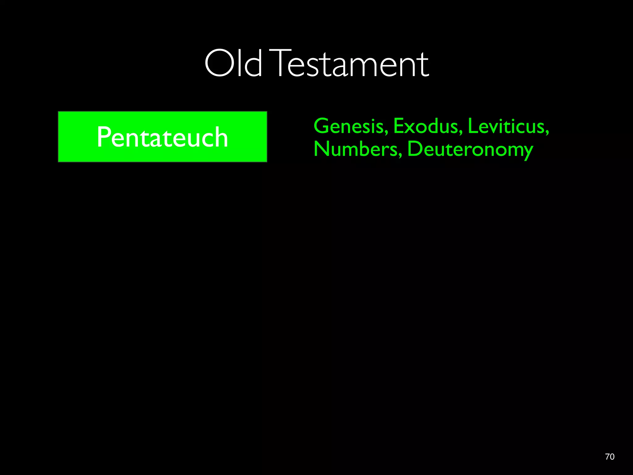 Old Testament
                Genesis, Exodus, Leviticus,
 Pentateuch     Numbers, Deuteronomy

History books

Wisdom Lit.

  Prophets

                                              70
 