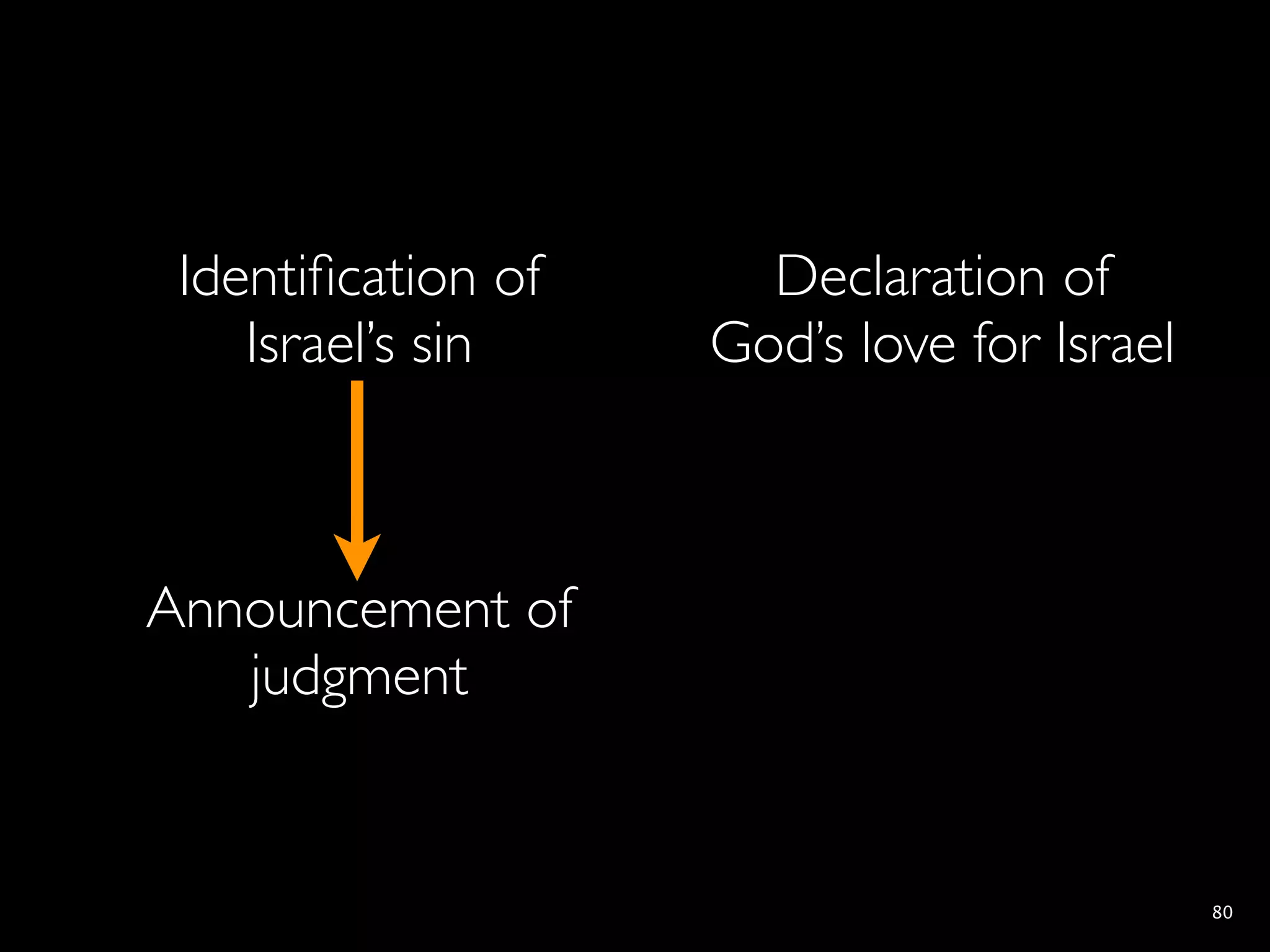 Identiﬁcation of     Declaration of
    Israel’s sin    God’s love for Israel



Announcement of
   judgment


                                            80
 